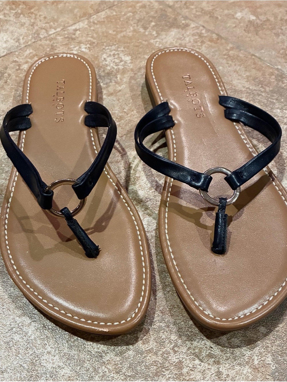 Talbots Navy Leather Ring-Detail Thong Sandals with Tan Footbed